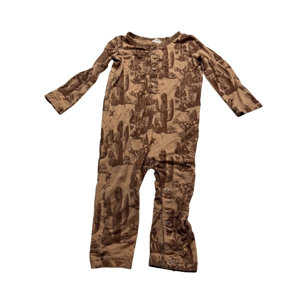 KATE QUINN Sleeper Romper Brown Cactus Print Henley Bamboo Baby Size 18-24M